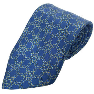 HERMES 100% Silk Tie 56”x3.5” Blue Gold Curly Ribbon on Blue 7726 Geometric EUC